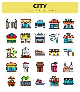 Flat icon set of city elements like buildings. transportation. and services. Stock Illustration
