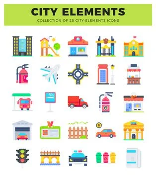 Flat icon set of city elements and urban infrastructure on a white background イラスト素材
