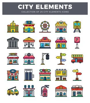 Flat icon set of city elements with colorful buildings. transportation. and.. 库存插图