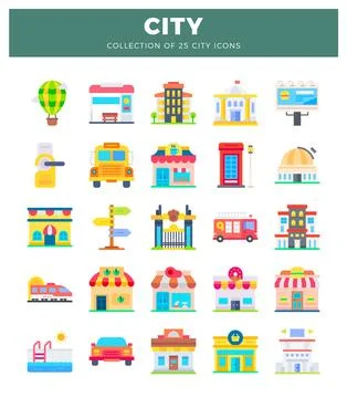 Flat icon set for city life. representing various urban buildings and trans.. Ilustración de archivo