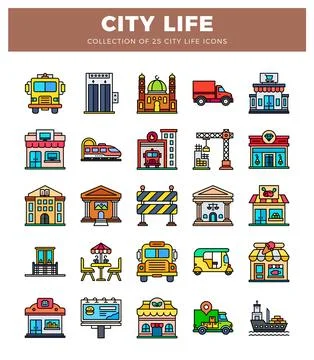 Flat icon set of city life elements with vehicles and buildings Stock Illustration