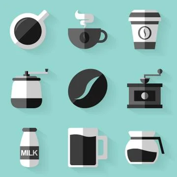 Flat icon set. Coffee. White style 库存插图