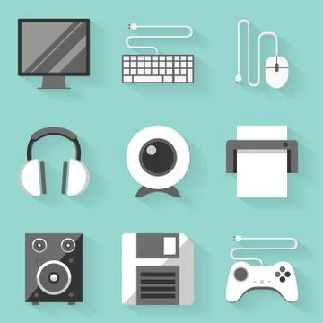 Flat icon set. Computer. White style Stock Illustration