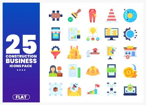 Flat icon set for construction business operations on a white background Stock Illustration