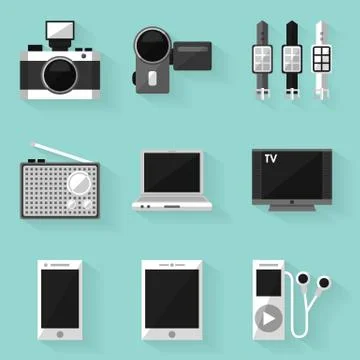 Flat icon set. Device. White style Stock Illustration