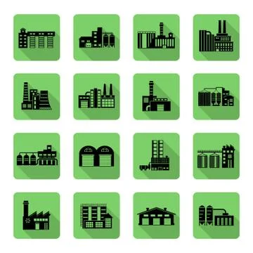 Flat Icon set of distribution warehouse and factories. Silhouette Factory Stock Illustration