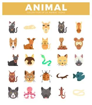 Flat icon set of diverse animals in a colorful grid Stock Illustration