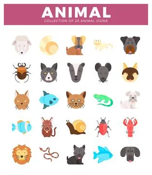 Flat icon set of diverse animals including mammals. fish. insects. and rept.. Stock Illustration