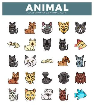Flat icon set with diverse animals. animal illustrations on white background Stock Illustration