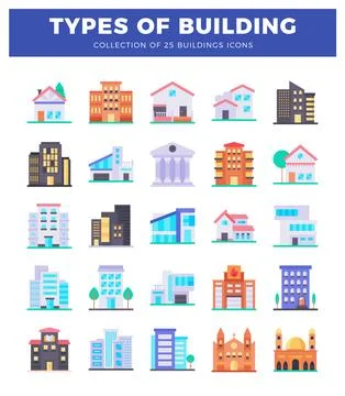 Flat icon set of diverse building types on a white background. building ico.. Ilustración de archivo