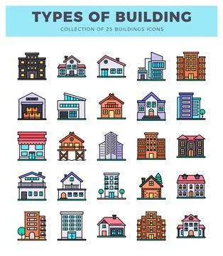 Flat icon set of diverse building types. architectural styles. and urban st.. Ilustración de archivo