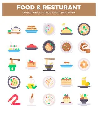 Flat icon set of diverse culinary dishes and restaurant elements. Stock Illustration