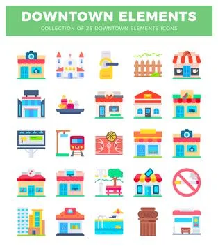 Flat icon set of downtown elements with buildings and amenities Stock Illustration