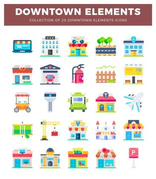 Flat icon set of downtown elements including buildings. vehicles. and stree.. Illustrazione stock