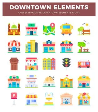 Flat icon set downtown elements and buildings. Ilustración de archivo