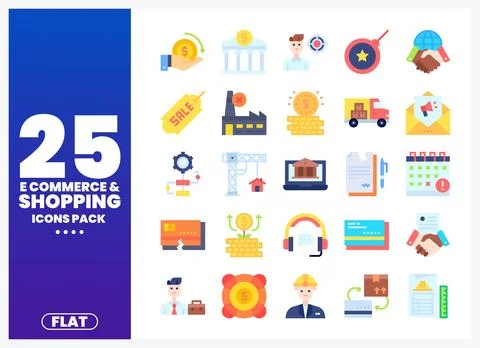 Flat icon set of e-commerce and shopping elements on white background Stock Illustration