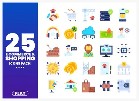 Flat icon set of e-commerce and shopping elements on a blue background Stock Illustration