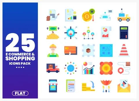 Flat icon set for e-commerce and shopping. showcasing a delivery truck and .. Stock Illustration