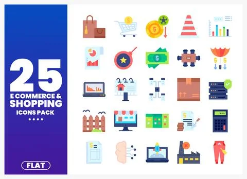 Flat icon set for e-commerce and shopping with twenty-five graphic elements. Ilustración de archivo