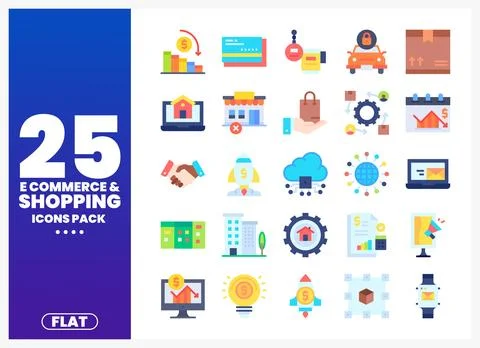 Flat icon set for e-commerce and shopping business with growth charts and p.. Stock Illustration