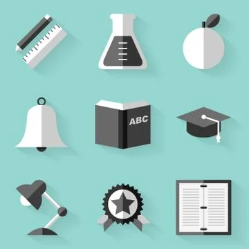 Flat icon set. Education. White style Stock Illustration