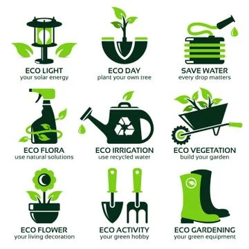 Flat icon set for green eco garden Stock Illustration
