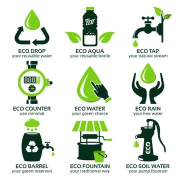 Flat icon set for green eco water Stock Illustration