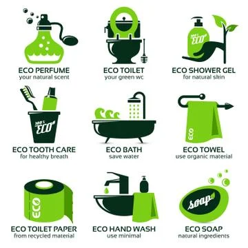 Flat icon set for green eco bathroom Stock Illustration
