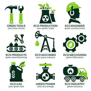 Flat icon set for green eco production Illustrazione stock