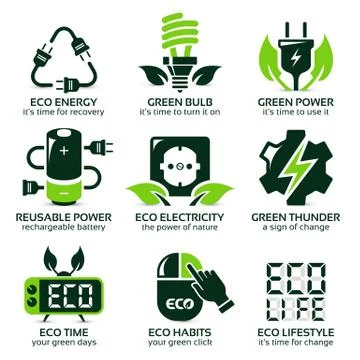 Flat icon set for green eco electricity Stock Illustration
