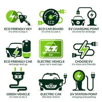 Flat icon set for green eco electric car Stock Illustration