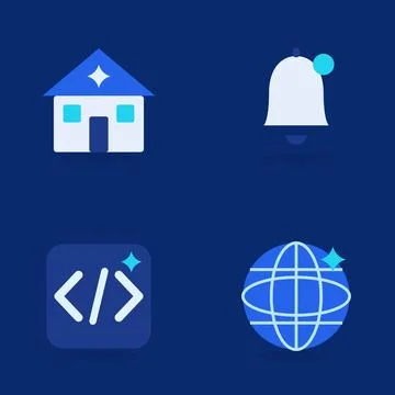 Flat icon set of house, notification bell, code window and globe with sparkle Stock Illustration
