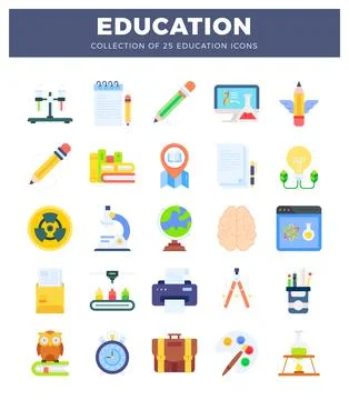 Flat icon set Lab equipment. stationery. and academic symbols in a colorful.. Stockillustratie