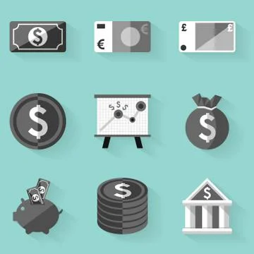 Flat icon set. Money. White style Stock Illustration