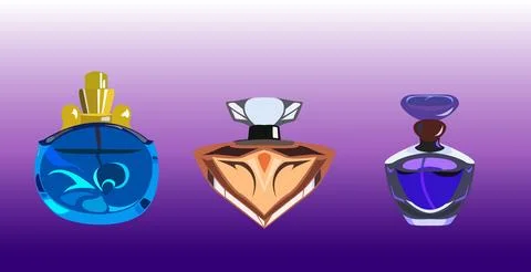 Flat icon set of parfume bottles. Man and women fragrances in various shape.. Illustrazione stock