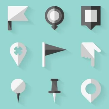 Flat icon set. Push pin map. White style Stock Illustration