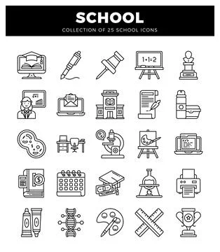 Flat icon set of school and education elements with a teacher and various l.. Stock Illustration
