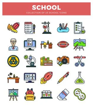 Flat icon set for school. education and learning. Stockillustratie