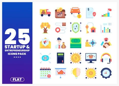 A flat icon set showcasing startup and entrepreneurship concepts in a grid .. Stock Illustration
