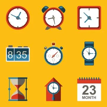 Flat icon set. Time. Clock Stock Illustration
