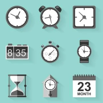 Flat icon set. Time. Clock. White style Stock Illustration