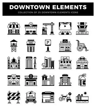 Flat icon set of urban elements and downtown buildings. Stock Illustration