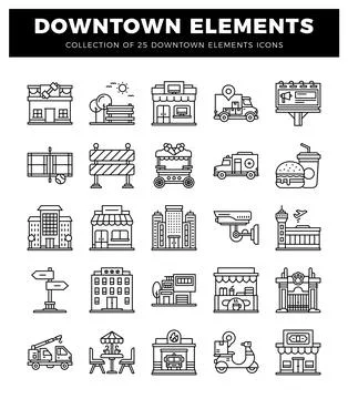 Flat icon set of urban elements on white background. downtown icons for cit.. Stock Illustration