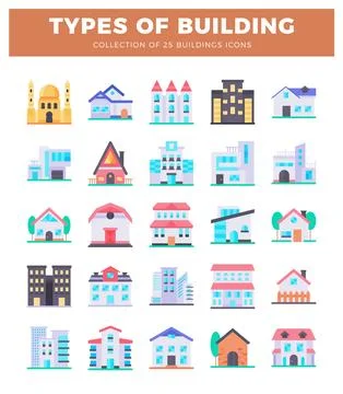 Flat icon set of various building types in a clean. modern style.  Diverse .. Ilustración de archivo