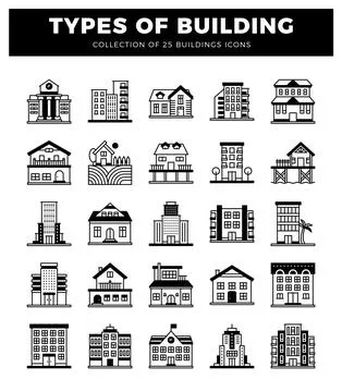 Flat icon set of various building types and architectural styles presented .. Stockillustratie