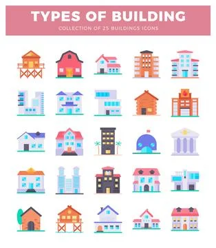 Flat icon set of various building types on a white background Ilustración de archivo