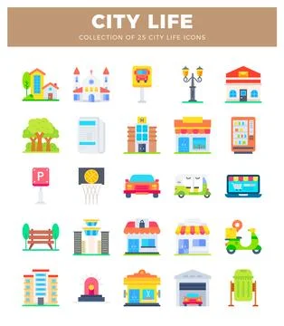 Flat icon of urban elements with buildings and transportation Stockillustratie