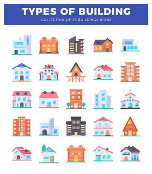 Flat icon varied building types. Ilustración de archivo