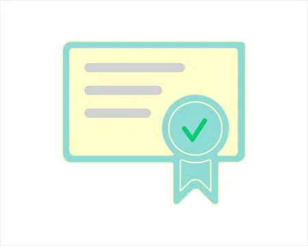 Flat icon of a white certificate sheet with text placeholder lines and a gree Stock Illustration