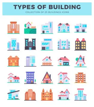 Flat icons of 25 building types with white background. vector illustration Stock Illustration